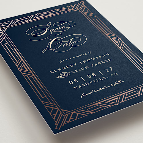 This is a midnight foil stamped save the date cards with foil pressed by Hooray Creative called opulent border printing on signature in standard