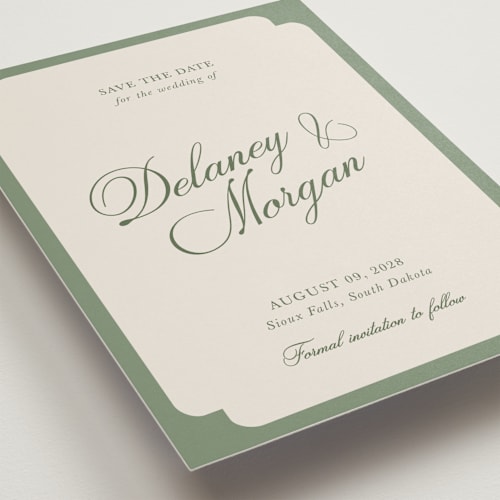 This is a olive save the date with standard by Cass Loh called classic bold border printing on signature in standard