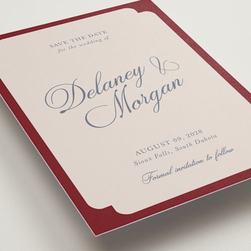 This is a burgundy save the date with standard by Cass Loh called classic bold border printing on signature in standard