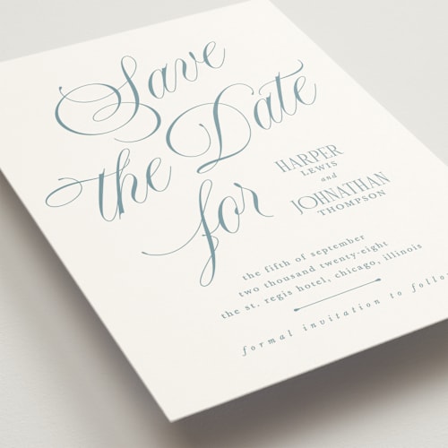 This is a sky save the date with standard by Kate Ahn called mirin printing on signature in standard