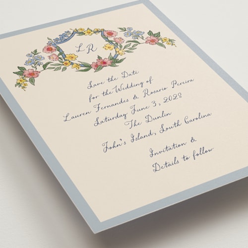 This is a cornflower save the date with standard by Chris Griffith called a wedding in low country printing on signature in standard