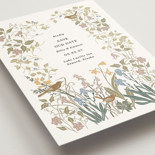 This is a mauve save the date with standard by Cedar and Grey called wild clematis printing on signature in standard