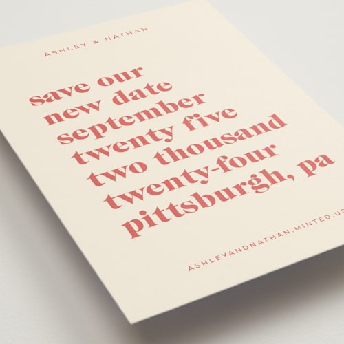 This is a spruce save the date with standard by April Astudillo called modern type printing on signature in standard