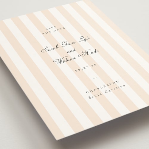 This is a peach save the date with standard by Sara Hicks Malone called awning stripe printing on signature in standard