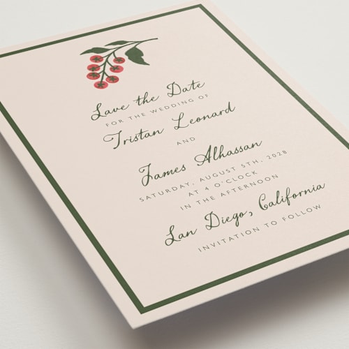 This is a sand save the date with standard by Katharine Watson called tomato vine printing on signature in standard