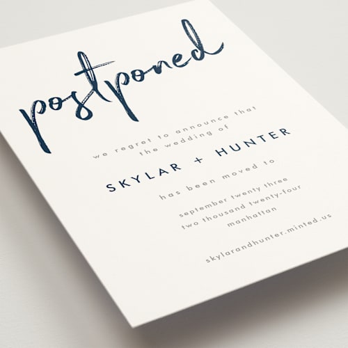 This is a navy save the date with standard by Phrosné Barwood called funky names printing on signature in standard