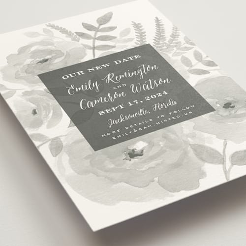This is a fog save the date with standard by Jill Means called watercolor floral printing on signature in standard