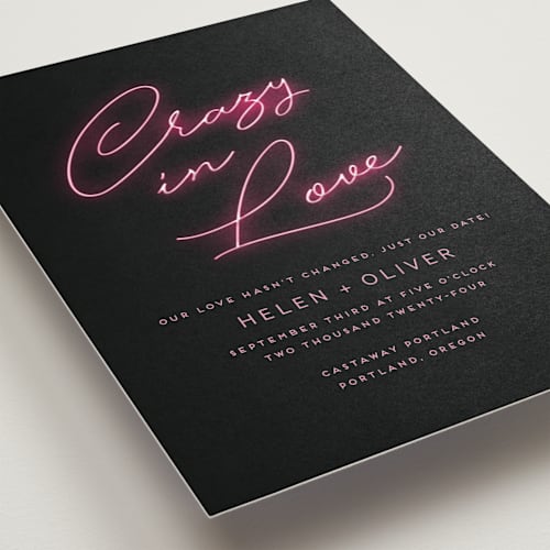 This is a hot pink save the date with standard by Design Lotus called crazy in love printing on signature in standard