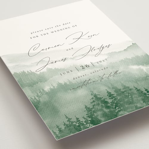 This is a fern save the date with standard by Helen Halik called over the mountains printing on signature in standard