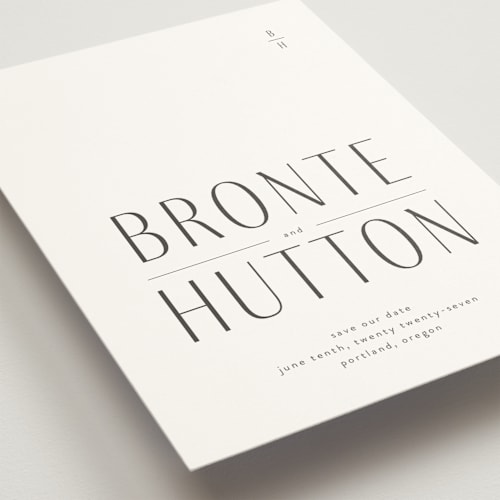 This is a cotton save the date with standard by Blustery August called hutton printing on signature in standard