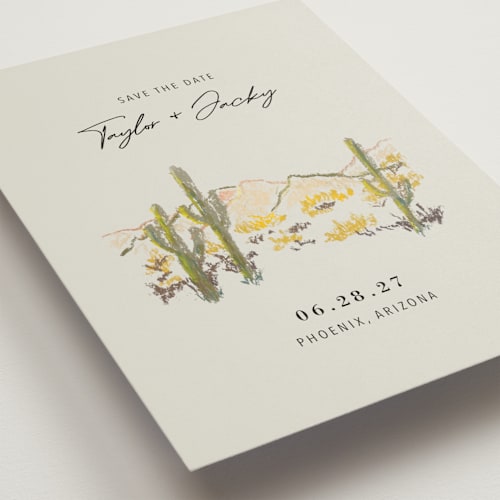 This is a olive save the date with standard by Cass Loh called desert crayon drawing printing on signature in standard