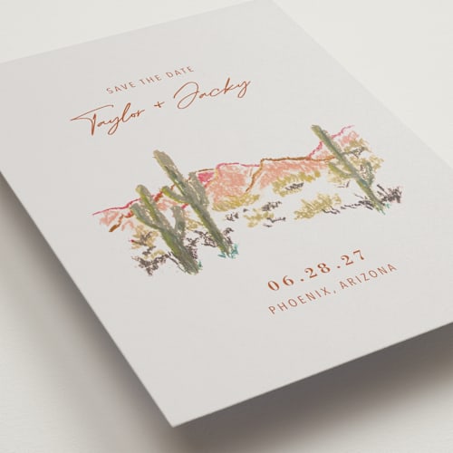 This is a burnt sienna save the date with standard by Cass Loh called desert crayon drawing printing on signature in standard