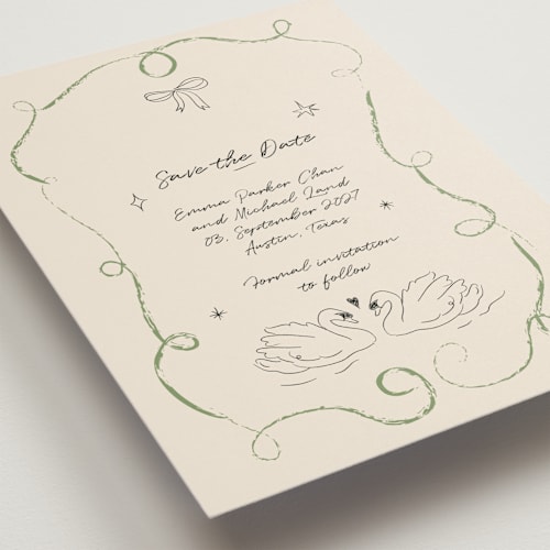 This is a olive save the date with standard by Helena Vitto called the swan printing on signature in standard