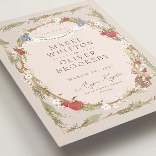 This is a forest floor save the date with standard by Erin L. Wilson called disney’s snow white someday printing on signature in standard