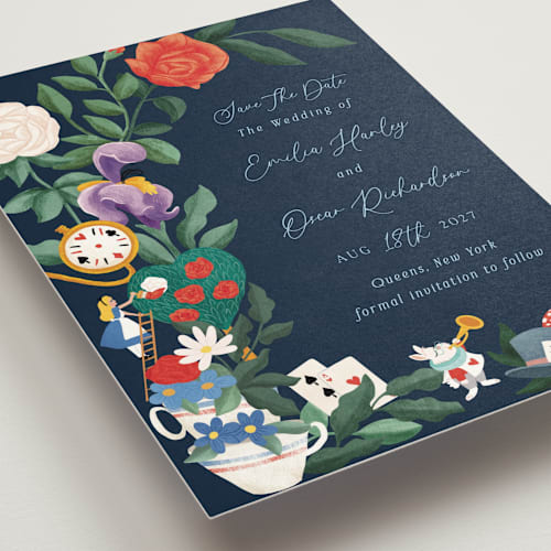 This is a evening save the date with standard by Elly called a garden tea party printing on signature in standard