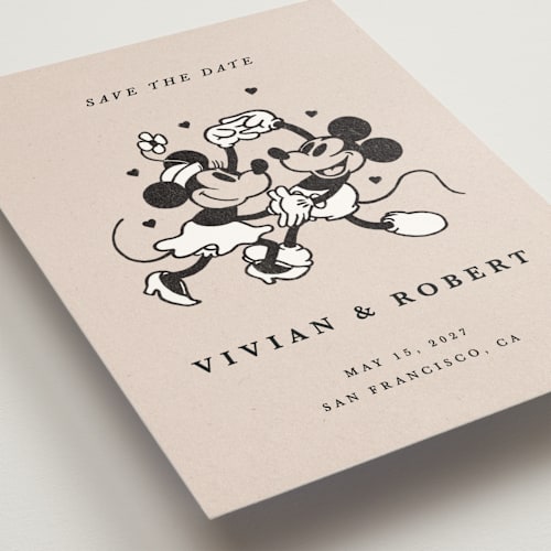 This is a retro save the date with standard by Sumak Studio called disney's retro mickey mouse and minnie mouse printing on signature in standard