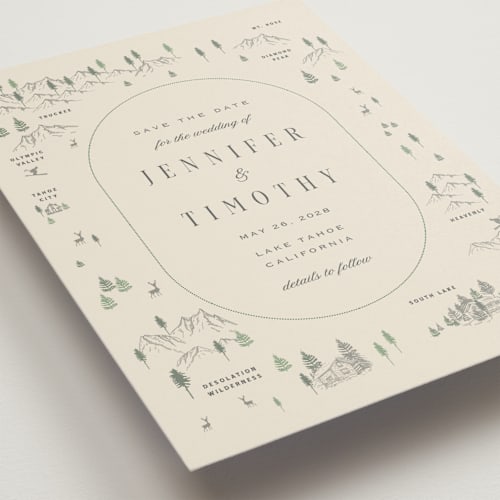 This is a cream save the date with standard by Sherley Ferreira called tahoe lake printing on signature in standard