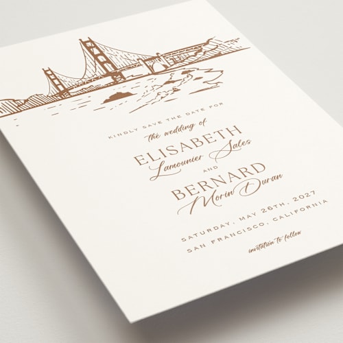 This is a champagne save the date with standard by Sherley Ferreira called san francisco printing on signature in standard