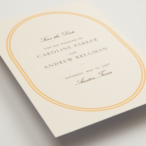 This is a melon save the date with standard by Megan Davis called bocce printing on signature in standard