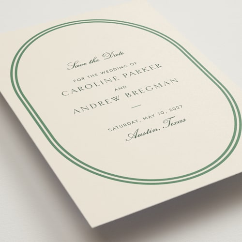 This is a vine save the date with standard by Megan Davis called bocce printing on signature in standard