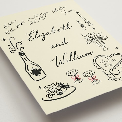 This is a champagne save the date with standard by Helena Vitto called vintage lovers printing on signature in standard