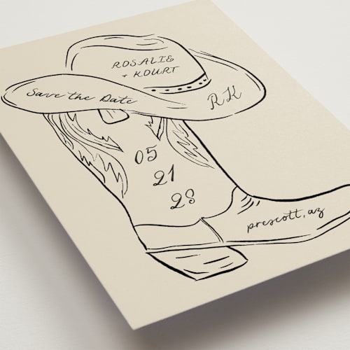This is a sand save the date with standard by Jelena Vuletic called lariat printing on signature in standard