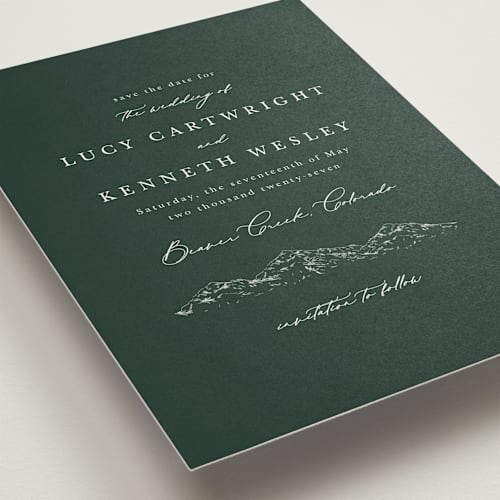 This is a evergreen save the date with standard by Sarah Brown called mountainview printing on signature in standard