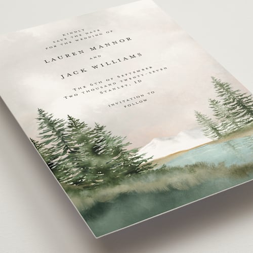 This is a forest save the date with standard by Petra Kern called montagna printing on signature in standard