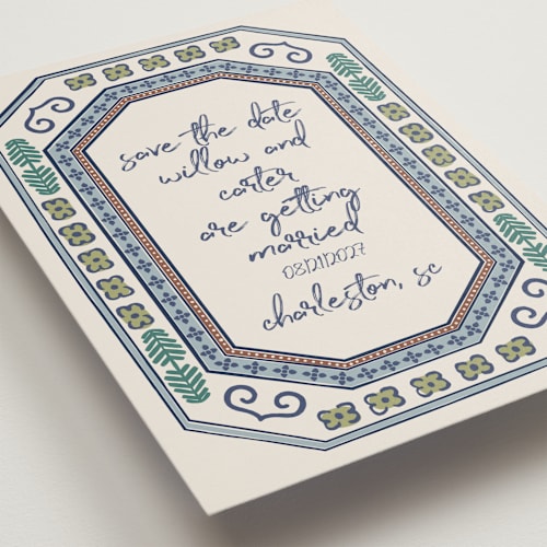 This is a neptune save the date with standard by Kelly Watkins called vase printing on signature in standard
