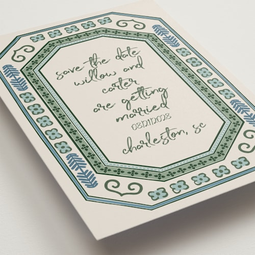 This is a meadow save the date with standard by Kelly Watkins called vase printing on signature in standard