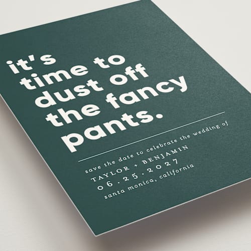 This is a palm save the date with standard by Erica Krystek called fancy pants printing on signature in standard