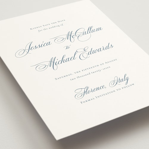 This is a dusty blue save the date with standard by Jennifer Postorino called empire printing on signature in standard