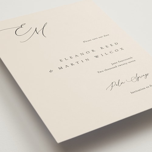 This is a linen save the date with standard by Kelly Schmidt called corner printing on signature in standard