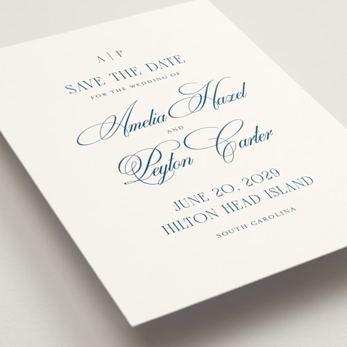 This is a ocean save the date with standard by Kelly Schmidt called hilton printing on signature in standard