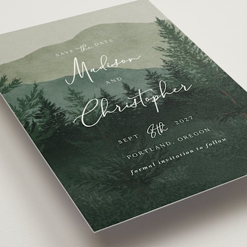 This is a jade save the date with standard by Elly called the forest printing on signature in standard