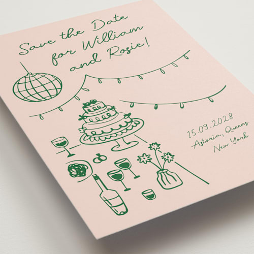 This is a verdant save the date with standard by Zove Ahhh called party on! printing on signature in standard