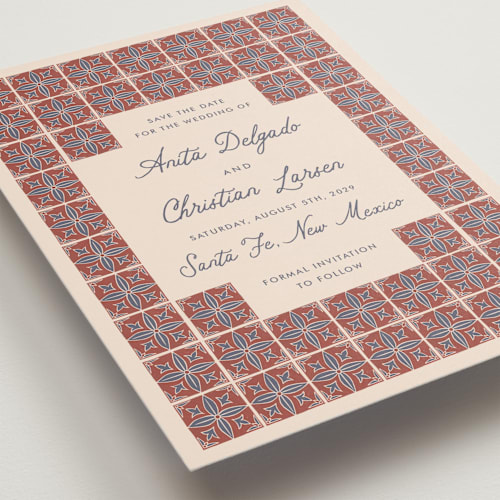 This is a terracotta save the date with standard by Katharine Watson called block print tile printing on signature in standard