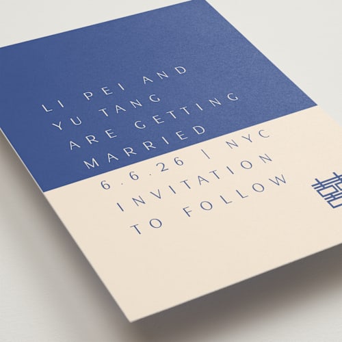 This is a marseille bleu save the date with standard by Deborah Chou called two toned printing on signature in standard