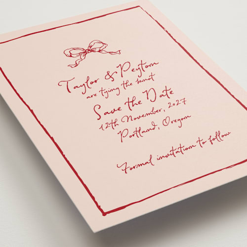 This is a wine save the date with standard by Cass Loh called ribbon bow drawing printing on signature in standard