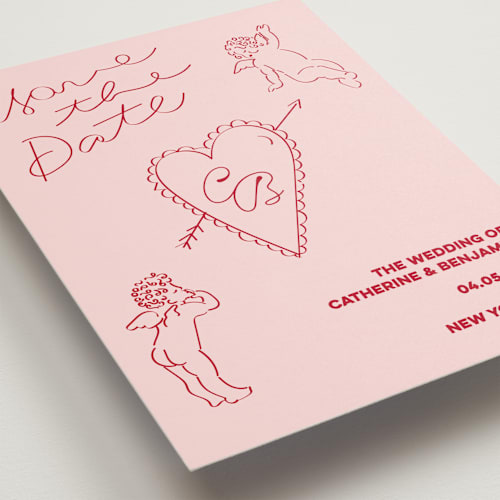 This is a cherry save the date with standard by Helena Vitto called crazy little thing called love printing on signature in standard