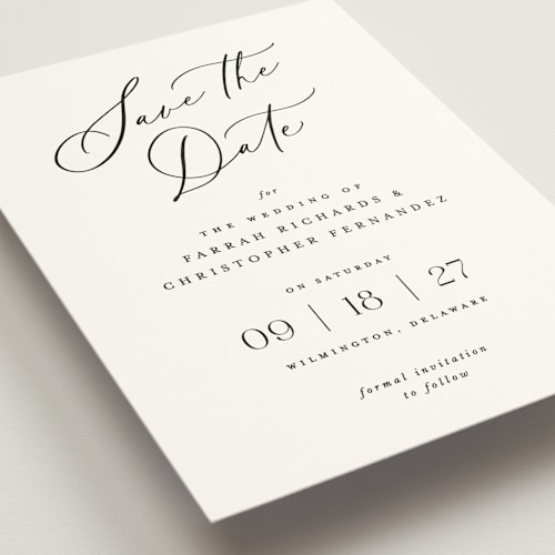 This is a pearl save the date with standard by Hooray Creative called beautifully scripted printing on signature in standard