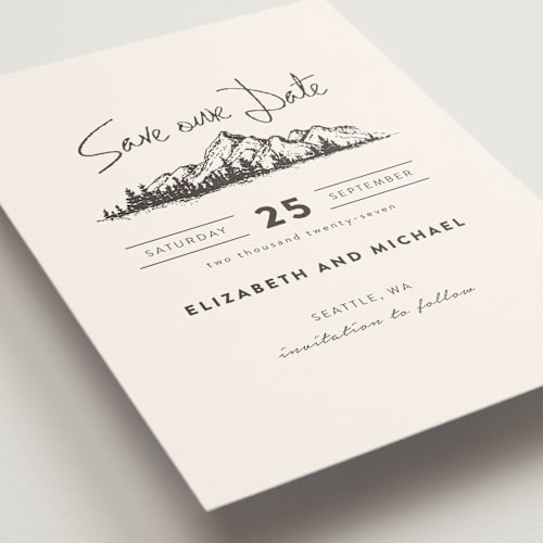 This is a ivory save the date with standard by Anastasia Makarova called mountains printing on signature in standard