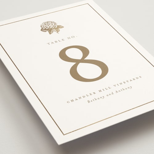 This is a cotton table numbers with foil pressed by Stacey Meacham called hydrangea bloom printing on doublethick in standard