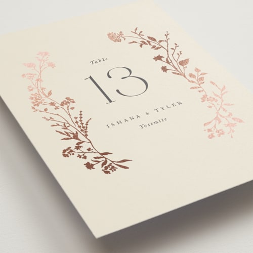 This is a creme brulee table numbers with foil pressed by Jennifer Wick called queen anne's lace printing on doublethick in standard