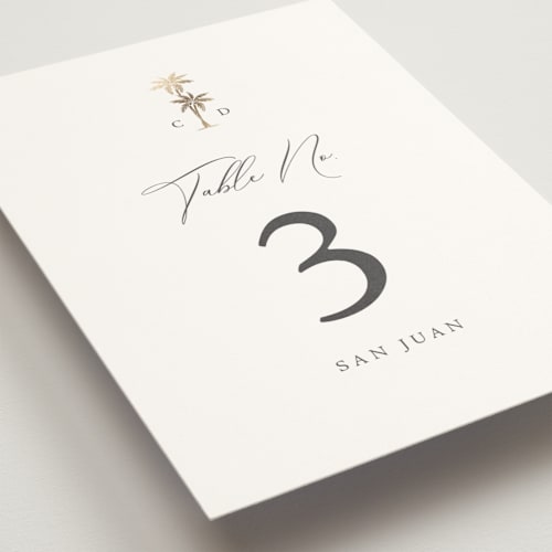 This is a stone table numbers with foil pressed by Olivia Raufman called palm monogram printing on doublethick in standard
