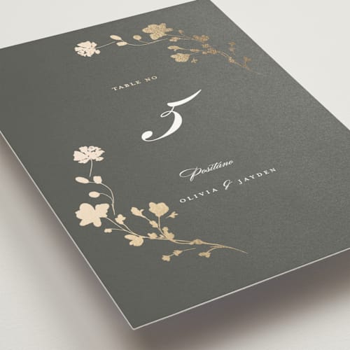 This is a obsidian table numbers with foil pressed by Benita Crandall called raffiné printing on doublethick in standard