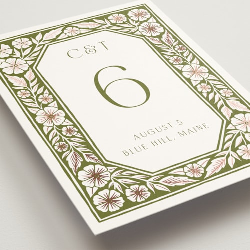 This is a avocado table numbers with foil pressed by Katharine Watson called inlay frame printing on doublethick in standard