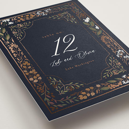 This is a navy table numbers with foil pressed by Alethea and Ruth called illuminated storybook printing on doublethick in standard