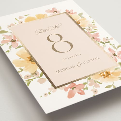 This is a carnation table numbers with foil pressed by Everett Paper Goods called jardin printing on doublethick in standard