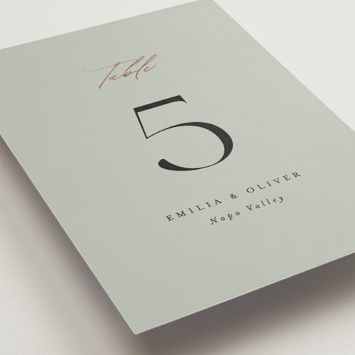 This is a sage table numbers with foil pressed by Angela Thompson called gilded script printing on doublethick in standard